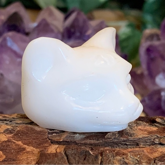 White Jade Cat Head Skull Carving Three Eyed Cat Carved Figurine Figure 1.5" 55g - Picture 7 of 12